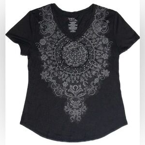 🥂🎁Like New Time & TrueBlack Embellished Rhinestone VneckTshirt- XL 16-18 Bust 42